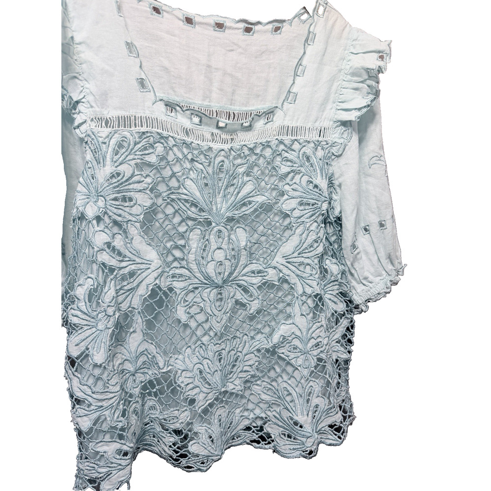 Sundance Lace Crochet Linen Blend Top Cottagecore Boho Prairie Skyblue Women Lg - Picture 14 of 15